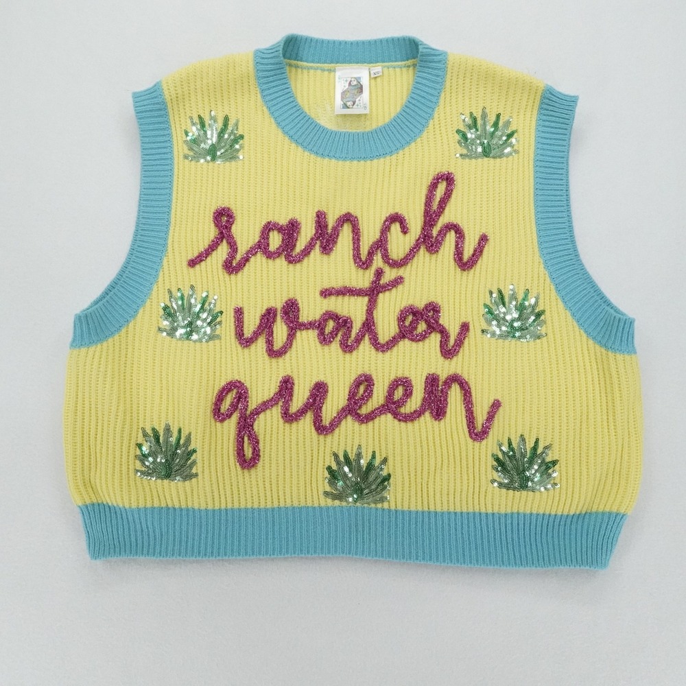 Queen of Sparkles Ranch Water Queen Sweater Vest Womens XS Yellow Sequin Agave